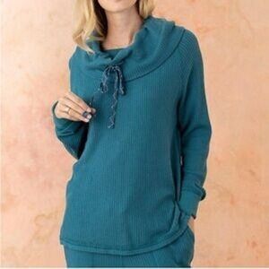 Sundance Teal Blue Cowl Neck Drawstring Waffle Knit Long Sleeve Top